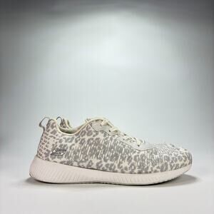 Skechers Bobs Sport Squad White Gray Leopard Print Athletic Shoes Womens Size 10